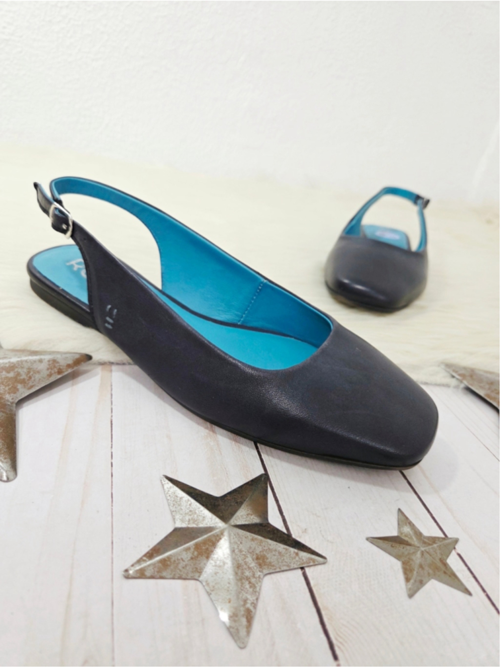 Roan Bed Stu Woken slingback ballet flats Black DD Teal women's Sz 7 new NWOB